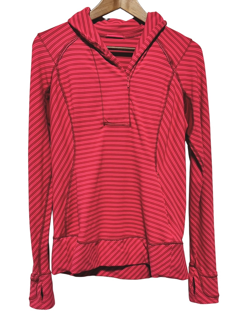 Lululemon Pink Striped Half Zip Running Pullover Thumbholes Zip Pockets